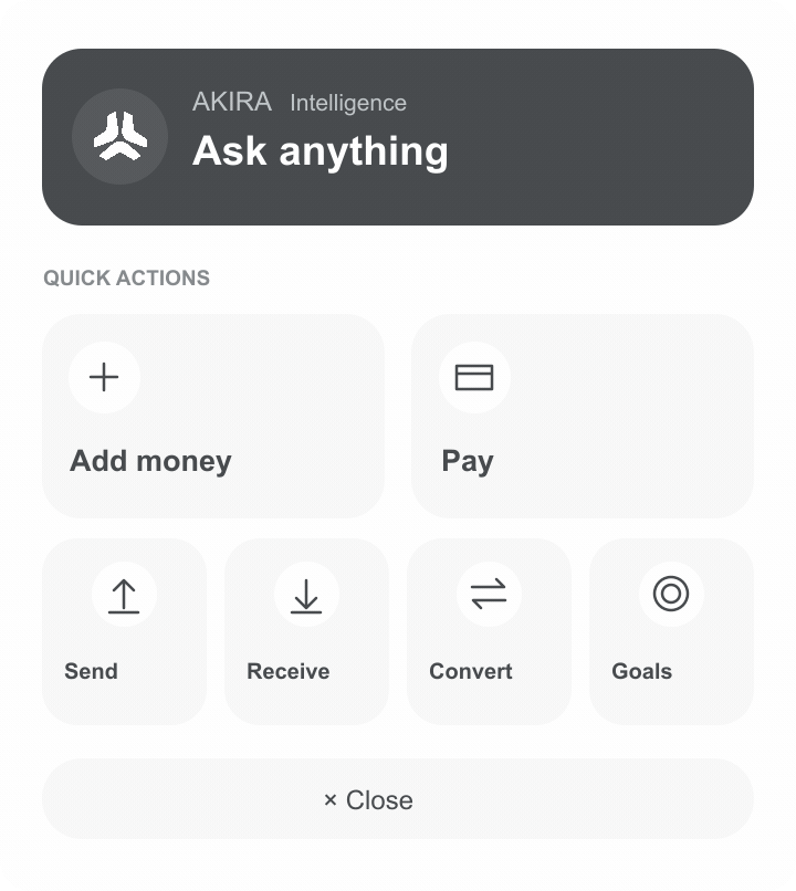 Akira Intelligence button highlights as if tapped, above your quick actions