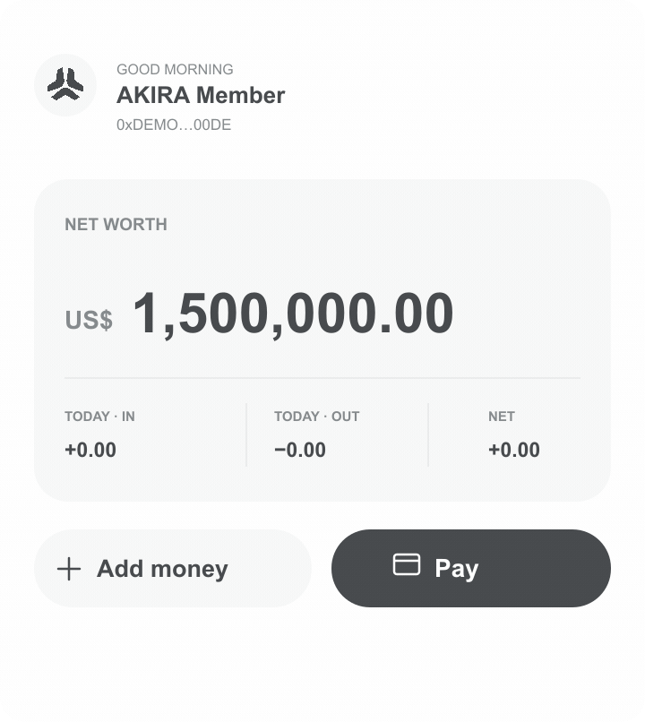 Akira balance moving up and down, with Add money and Pay controls